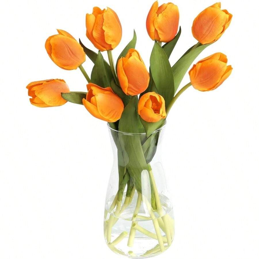 10PCS Artificial Flowers With Vase, Faux Tulip Flower Artificial Flowers Bouquet In Glass Vase, Faux Flower Arrangement Suitable For Home Office Decoration, Dining Table Centerpiece - 透明+花瓶/日落+鬱金香 - 查看 1