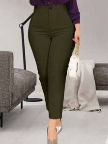 Damskie spodnie casualowe w jednolitym kolorze, plus size, dopasowane, odpowiednie do dojazdów do pracy i noszenia na co dzień - Wojskowa Zieleń - Zobacz 2