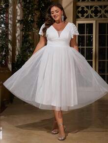 女士加大码优雅纯色拼布蕾丝网眼拉链茶歇长正式派对礼服，适合婚礼宾客、伴娘、伴娘、鸡尾酒会、婚礼、毕业派对、春夏秋 - 白色 - 查看 7