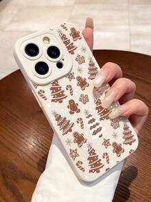 1 szt. Minimalistyczne beżowe etui ochronne na telefon z motywem choinki i piernikowego ludzika, kompatybilne z modelami 16/15/14/13/12/11