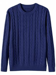 Men's Casual Solid Color Twist Flower Crew Neck Sweater, Versatile For Autumn/Winter - Royal Blue - View 3