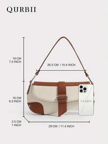 QURBII 1pc Fashionable Fabric & Faux Leather Patchwork Design Baguette Underarm Bag, Versatile Chic Shoulder Bag Handbag, Rivet Accent Shoulder Bag, Phone Pouch Small Bag, Suitable For Women Office, Commute, Date, Shopping, Casual, Vacation, Beach, Music Festival, Party, Wedding, School