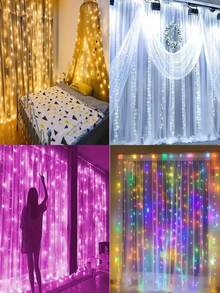 1 300/200/100 LED Vorhang Lichterkette, Fairy Light Streifen mit Fernbedienung, 8 Modi 298,7*298,7/201/100 cm Vorhang Licht, USB-betriebene LED Vorhang Lichterkette, praktischer USB-Anschluss, Metall Vorhang Lichterkette Aufhängevorrichtung, Helligkeit im Schlafbereich