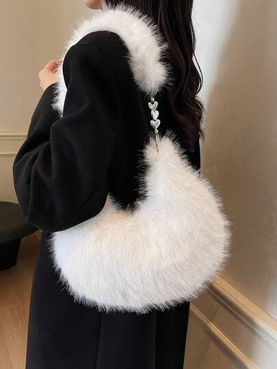 白色毛绒包小包女包时尚可爱毛茸茸包链条单肩包月牙包百搭户外通勤约会多用途女士斜挎包，新款女士皮草包