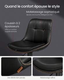 VASAGLE Tabourets de Bar, Lot de 2, Chaise de Cuisine, Siège Pivotant à Hauteur Réglable, Matelassé, en PU, avec et Repose-Pieds, Salle à Manger, Comptoir, Acier, Noir - Noir - Voir 3
