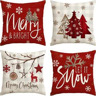 4pcs Christmas Snowflake Buffalo Plaid Decorative Pillow Covers, Suitable For Christmas Tree, Winter Holiday Decor, Sofa Room Furniture Decoration, Single-Sided, Pillow Insert Not Included
