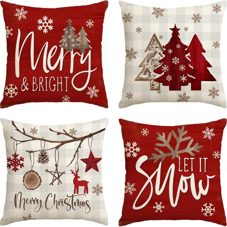 4pcs Christmas Snowflake Buffalo Plaid Decorative Pillow Covers, Suitable For Christmas Tree, Winter Holiday Decor, Sofa Room Furniture Decoration, Single-Sided, Pillow Insert Not Included