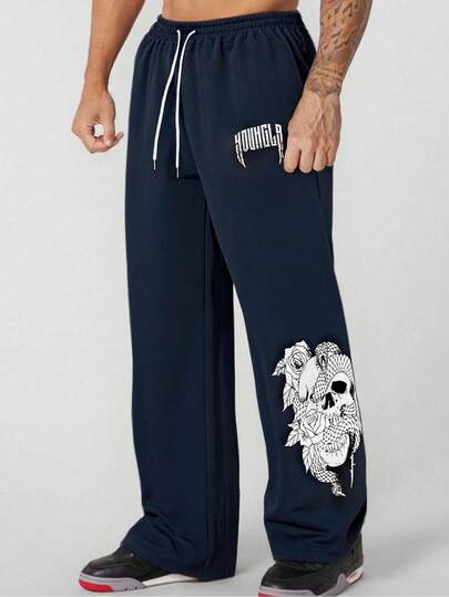 Men's Casual Letter & Skull Print Sweatpants, Drawstring Waist, Long Street Style Sports Pants, Gift For Husband/Boyfriend