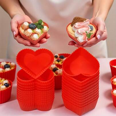 12/24pcs Silicone Heart-Shaped Reusable Baking Cups - Non-Stick Cupcake Liners, Ideal For Valentine's Day Baking, Muffin & Dessert Decoration