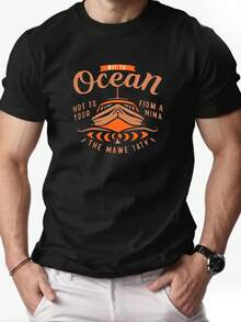 Camiseta gráfica de olas oceánicas y surf para hombres - Azul marino con letras naranjas, ligera, transpirable, de ajuste suelto, cuello redondo, manga corta, esencial para vacaciones en la playa y cruceros, camiseta casual de verano para surf y estilo de vida costero, construcción duradera, material cómodo - Negro - Ver 1