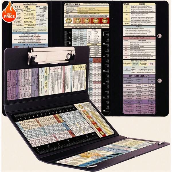 2 Packs Foldable Nursing Clipboard, Medical Edition Cheat Sheets, Nurse Accessories For Work, 3 Layers, Plastic, Black