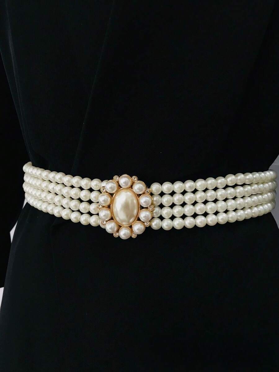 1 件女士优雅珍珠和水晶串珠弹性腰链，百搭装饰，适合连衣裙、衬衫、正式服装秋季、秋季、万圣节 - 白色 - 查看 1