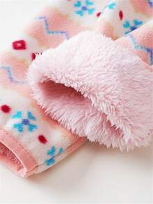 YUHANWOO 女童保暖内衬夹克，新品，粉色费尔岛条纹和甜美印花图案，立领，秋冬加厚保暖防风户外休闲拉链外套