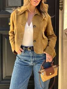 Women's Solid Color Versatile Short Long Sleeve Fleece Lined Double Collar Jacket, New Style