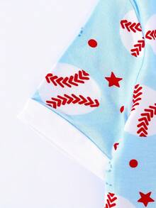 Junblebaby Tight-Fitting - Bamboo Fiber Baby Short-Sleeved Double-Zipped Dress, Easy To Change Diapers, Baseball Theme, With Cartoon Blue And White Baseball Digital Print, Super Soft And Breathable Double-Zipped Short-Sleeved And Short Pants, Baby Jumpsuit, Suitable For Summer Wear - 藍色 - 查看 5