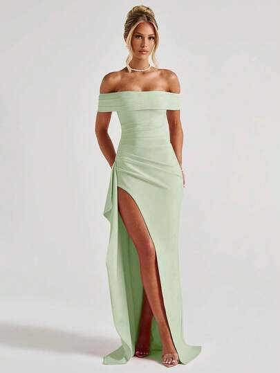 Sexy Off Shoulder Slit Elegant Fitted Dress, Wedding Extra Long Formal Gown, Bridesmaid Dress, Christmas Party Dress, Cocktail Formal Dress Spring