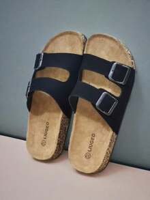 Dép xỏ ngón thời trang, quai đôi, khóa kép, chống trượt, đế mềm, thoải mái, dành cho nữ, giày mùa thu dành cho nữ, phù hợp để đi chơi ở nhà, hẹn hò, mua sắm, đi làm, tiệc tùng, kỳ nghỉ ở bãi biển - Da lộn đen - Xem 4