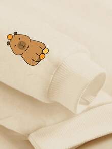 2 件套 - 青少年女孩图案印花休闲羊毛连帽衫和羊毛裤，秋冬装 - 杏色 - 查看 3