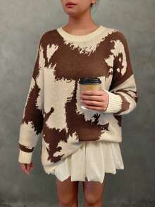 2025秋冬新款女装时尚奶牛印花西部牛仔风格撞色不对称图案宽松羊毛针织套头毛衣