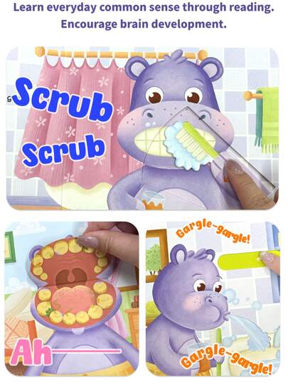 beartale Interactive Flip-Up Story Book, Animal Daily Activities Picture Book (Rooster Waking Up, Kitten Washing Face, Hippo Brushing Teeth, Bear Tidying Room), Suitable For 3-6 Years Old Children, Montessori Quiet Travel Toy, Pre-School Enlightenment And Bedtime Reading