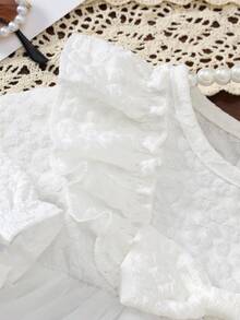 1pc Baby Girl Elegant White Jacquard Long Sleeve Dress With Bow Decor And Embroidery, Mesh Fabric, Suitable For Spring/Autumn - White - View 6