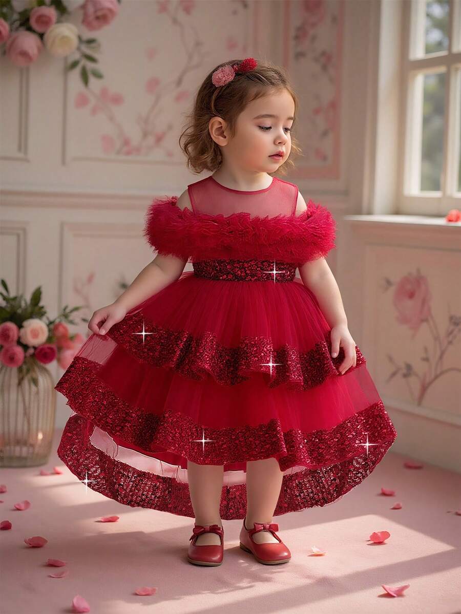 女婴亮片薄纱可爱花童婚礼拖尾礼服，适合派对、生日、外出等场合，不含头饰 - 酒紅色 - 查看 1