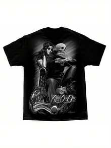 Biker Babe Ride Or Die David Gonzales DGA Art Graphic-Shirt - Black Edgy Motorcycle & Skull Design,% Cotton Loose Fit Unisex Tee, Washable Casual Streetwear Men & Women (Sizes S-), Biker Accessories, Comfortable Unisex Shirt - Black - View 1