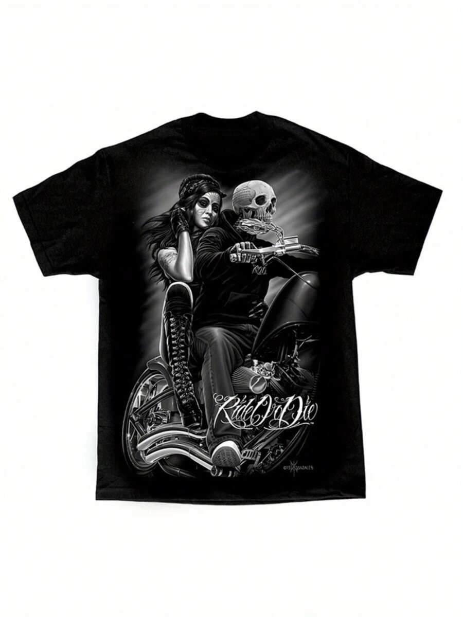 Biker Babe Ride Or Die David Gonzales DGA Art Graphic-Shirt - Black Edgy Motorcycle & Skull Design,% Cotton Loose Fit Unisex Tee, Washable Casual Streetwear Men & Women (Sizes S-), Biker Accessories, Comfortable Unisex Shirt - Black - View 1