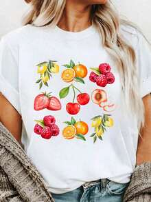 100% Cotton Cottagecore Watercolor Fruit Peaches Cherries Strawberries T-S Print T-Shirt Casual Crew Neck Short Sleeve Comfort Tee Top For Spring & Summer Women's Clothing - 白色 - 查看 1