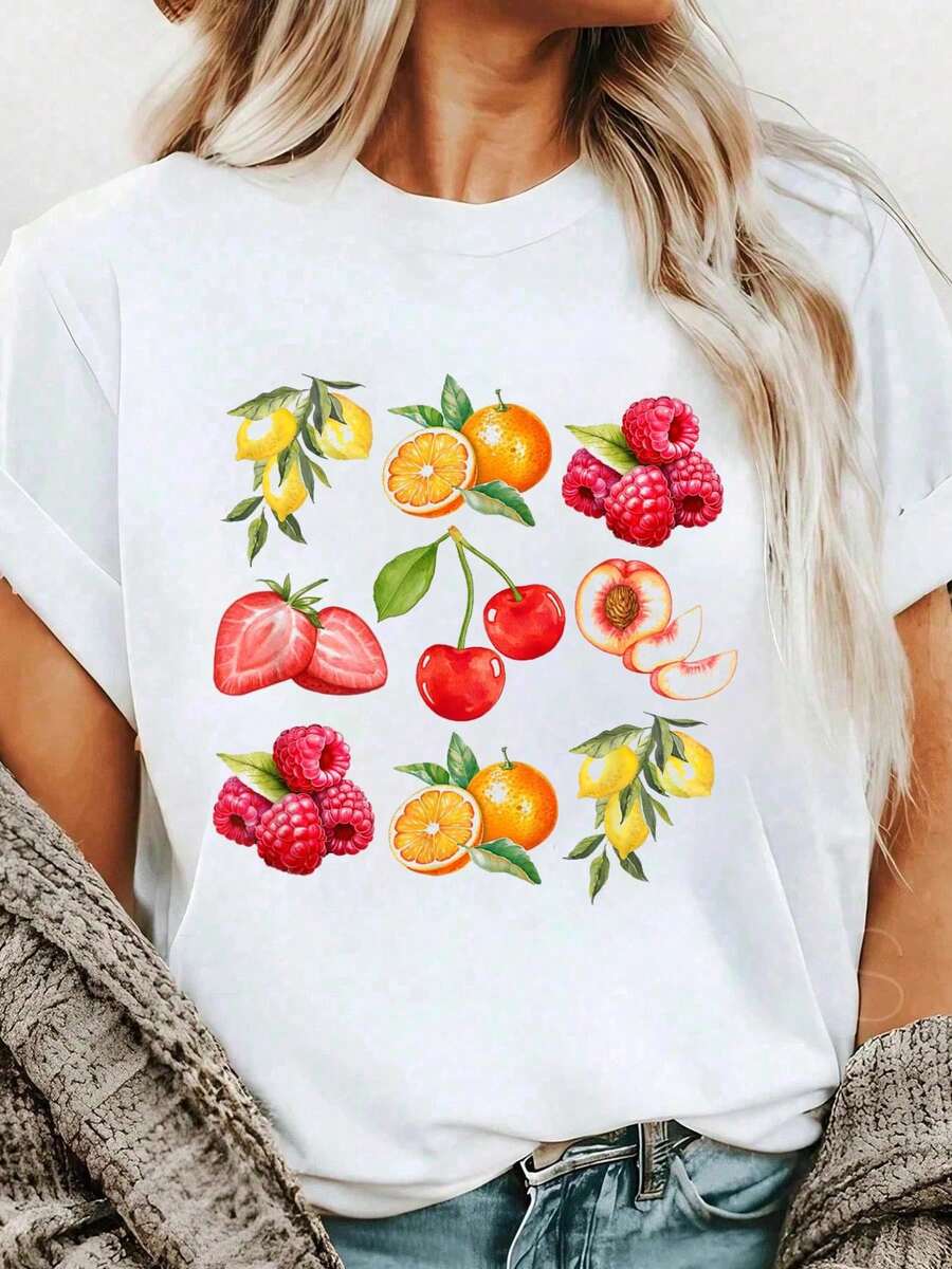 100% Cotton Cottagecore Watercolor Fruit Peaches Cherries Strawberries T-S Print T-Shirt Casual Crew Neck Short Sleeve Comfort Tee Top For Spring & Summer Women's Clothing - 白色 - 查看 1