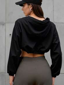 New Autumn Black Elastic Waist Short Hooded Sun Protection Jacket - Black - View 2