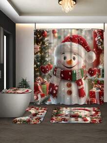 1/4 Piece Snowman Shower Curtain Set - White And Red, With Bathroom Mat And Hooks - Suitable For Christmas Bathroom Decor - Adds Holiday Atmosphere To Your Bathroom - Brings Festive Vibe To Your Shower Area