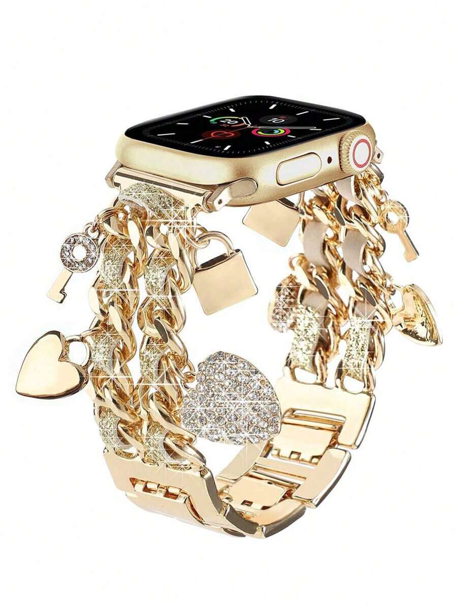 1pc Fashionable Metal Glitter Leather Strap With Double Heart Lock Clasp, Compatible With Apple Watch 38/40/41/42/44/45/46/49mm, Suitable For Apple Watch Ultra/SE/Series 10/9/8/7/6/5/4/3/2/1, Adjustable Length, Convenient Operation, Suitable For Women's Fashionable And Compact Smart Watch Strap (Strap Only, Watch And Case Not Included) - Double Heart Lock Cylinder Gold - View 1