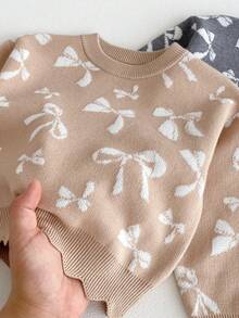 韩国INS风秋季女宝宝针织提花卫衣套装带蝴蝶结长裤两件套 - 杏色 - 查看 4