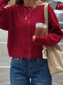 SEREN 秋季新款红色圆领单排扣长袖针织开衫上衣，时尚简约温柔优雅浪漫百搭休闲慵懒风，适合约会通勤毛衣开衫万圣节秋季女装 - 紅色 - 查看 10