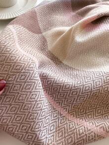 1件秋冬女士优雅复古多色格纹条纹提花仿羊绒围巾/披肩，带流苏，男女通用冬季保暖休闲加厚款连衣裙围巾 - 粉色 - 查看 3