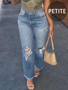 Retro Distressed Straight Leg Loose Wide Leg Jeans For Petite Women, Casual Street Style, All Season - Light Wash - View 5