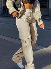 Women's Stylish And Chic Solid-Color Cargo Pants, Loose And Practical With Multiple Pockets, Sweet And Casual, Perfect For Street Style, Brunch, And Spring And Summer Outfits. - Apricot - View 7