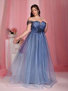 Mgiacy Elegant Plus Size Off Shoulder Chiffon Bridesmaid Dress With Appliques Romantic Cold Shoulder Long Gown - 藍色 - 查看 6