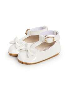 女婴玛丽珍平底鞋，带蝴蝶结，防滑软底，PU皮革，新生儿，幼儿学步鞋，正装鞋