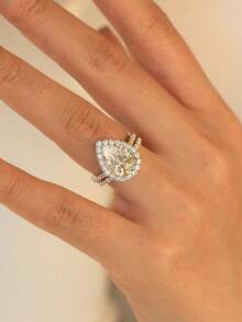 1 Pair S925 Sterling Silver Exquisite Waterdrop Zirconia Ring For Women Fine Ladies Jewelry Gift Party Gift Birthday Gift Daily Wear - Gold - View 3