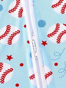 Junblebaby Tight-Fitting - Bamboo Fiber Baby Short-Sleeved Double-Zipped Dress, Easy To Change Diapers, Baseball Theme, With Cartoon Blue And White Baseball Digital Print, Super Soft And Breathable Double-Zipped Short-Sleeved And Short Pants, Baby Jumpsuit, Suitable For Summer Wear - 藍色 - 查看 6