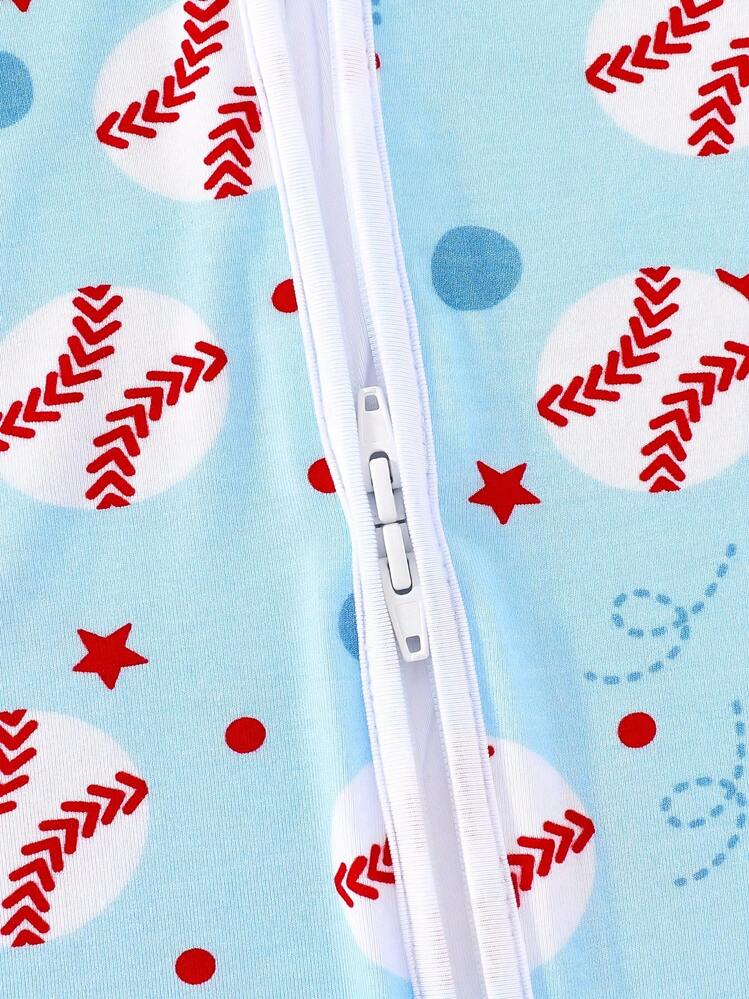 Junblebaby Tight-Fitting - Bamboo Fiber Baby Short-Sleeved Double-Zipped Dress, Easy To Change Diapers, Baseball Theme, With Cartoon Blue And White Baseball Digital Print, Super Soft And Breathable Double-Zipped Short-Sleeved And Short Pants, Baby Jumpsuit, Suitable For Summer Wear - 藍色 - 查看 6