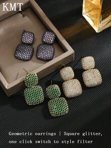 KMT 2pcs Copper Alloy Cubic Zirconia Inlaid Splicing Square High-End Fashion Earrings For Women, Suitable For Party, Daily Wear, And Dating