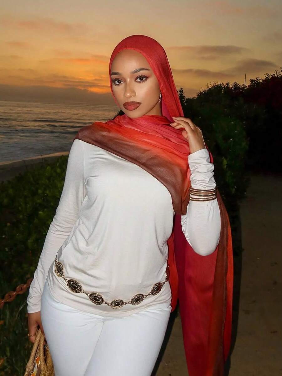 1 件水彩印花头巾，时尚优雅百搭女士围巾，轻质单面印花材质穆斯林头巾，适合所有季节，适合日常穿着或长袍