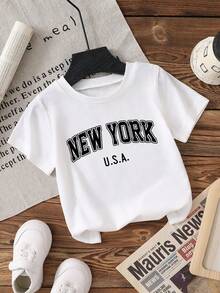 Camiseta de manga corta con cuello redondo y eslogan en inglés de estilo sencillo para niño, ropa de calle para chicos - blanco - Ver 3