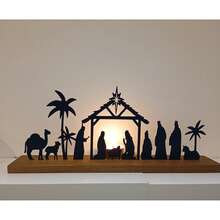 Juegos de Nacimiento para decoración navideña interior, Escena del Nacimiento de metal negro con base de madera y figuras, Decoraciones del Juego de Nacimiento para Navidad, Hogar, Mesa y Estantería