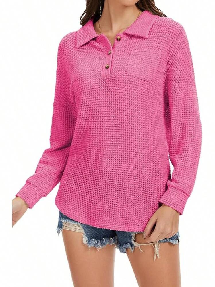 Womens Tops Waffle Knit V-Neck Long Sleeve T-Shirts Button Down With Pockets Tunic Fashion ClothingChristmas - Rose - View 4