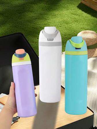 1pc New High-Quality Fruit Cup, Fresh & Creative Dual Straw Cup, Outdoor Cycling Portable Sports Bottle With Lock, Bounce Cover Cup, Stainless Steel Coffee Cup, Double-Layer Leak-Proof Water Bottle, Suitable For School, Camping And Hiking