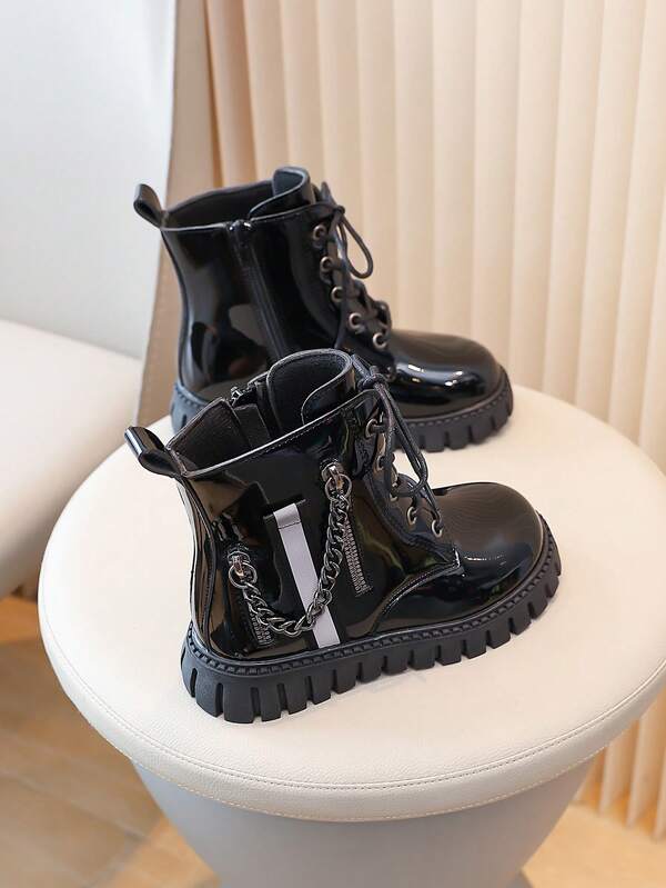 1 Paar Kinderstiefel, einfarbige modische Mädchen Ankle Boots mit Ketten- und Strickband-Dekor, geeignet für Mädchen Outdoor-Aktivitäten, Herbst/Winter